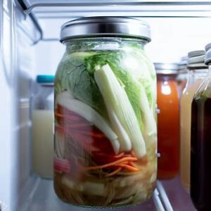 Fermented vegetables glass jar stored in the refrigerator