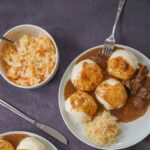 fried rice on white ceramic plate with sauerkraut